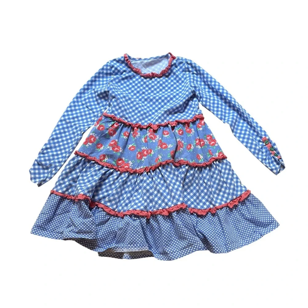 Serendipity Dress Kids Blue Gingham Floral Tiered Ruffle Excellent SIZE M‎ 5-6